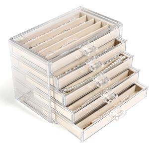 5 Drawers Necklace Organizer Storage, Tray with Clear Lid, Dustproof Velvet Necklaces Holder Storage Display Case, Necklace Tray Drawer Insert for Pendant Suitable for Women and Girls (25 grids)