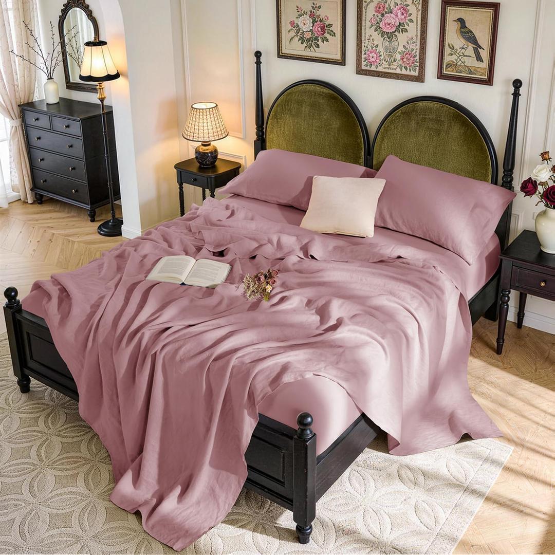 SONORO KATE 100% French Pure Linen Sheets, Breathable and Durable Linen Queen Size Sheets, Anti-Tear Linen Bed Sheets, Machine Washable, 16 Inch Deep Pocket - 4 Piece (Embroidery Purple, Queen)