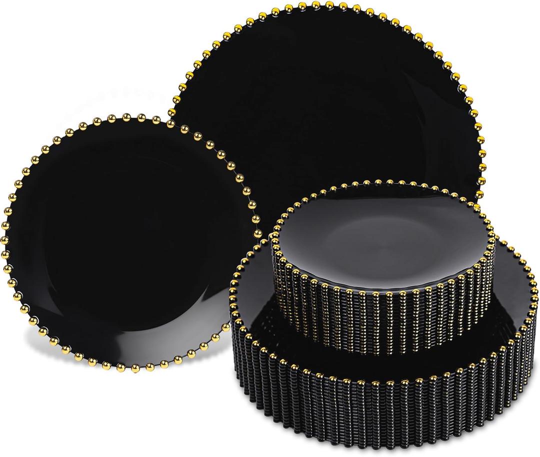 HOMIP 50PCS Fancy Disposable Dinnerware Party Set with Gold Rimed, Elegant Black Plates Include 25Pcs Dinner Plate 10", 25Pcs Dessert Plate 7" with Gold Rimed,Plastic Silverware for Wedding Party