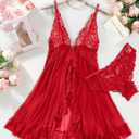 Foxiny Sexy Open Front V Neck Ruffle Sheer Mesh Lace Wireless Babydoll Lingerie Dress with Thong 2 Piece (Red, M)