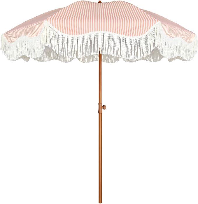 AMMSUN Boho Fringe Umbrella, 6.5ft Outdoor Umbrella with Tassel