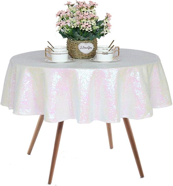 JYFLZQ White Iridescent Sequin Tablecloth 50" Round Small Sparkly Drape Table Cloths Table Cover for Wedding Birthday Party Baby Bridal Shower