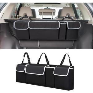 Car Trunk Organizer with Lid, Backseat Hanging Storage Bag with 4 Pockets & 3 Adjustable Straps, Waterproof PVC Collapsible Cargo Bag, Car Interior Accessories for Auto SUV MPV