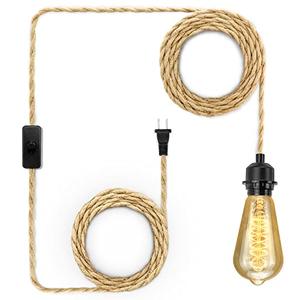 LYOOWNG Plug in Pendant Light Cord, Farmhouse Hanging Lights with Plug in Cord, 15FT Hemp Rope Plugin Hanging Light Cord Kit with On/Off Switch, E26 E27 Light SocketCord, Bulb NOT Included