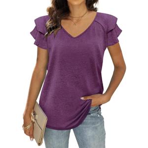 3 x T&Twenties Womens Summer Tops Ruffle Short Sleeve Tunic Tops V Neck Loose Fit Flowy T-Shirts (Purple, L)