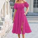 Linsery Women's Summer Square Neck Short Puff Sleeve Casual Smocked Flowy A Line Tiered Split Midi Dress (Pink, L)