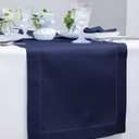 Solino Home Linen Navy Blue Table Runner 48 Inches - Classic Hemstitch, 100% Pure Linen Coffee Table Runner 14 x 48 Inch Ideal for Dresser Tables - Christmas, Holiday, New Year