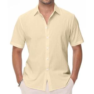 EOUOSS Mens Linen Shirts Short Sleeve Button Down Regular Fit Shirts Casual Vacation Beach Summer Hawaiian Tops Beige Small