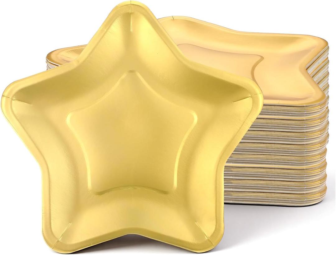 120 Pcs Gold Star Shaped Paper Plates, 9.5 Inch Disposable Pentagram Party Plates for Birthday Wedding Graduation Christmas, Decorative Dinnerware
