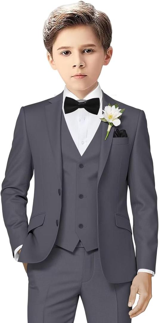Boys Suit 3 Piece Tuxedo Suits for Boys Wedding Easter Outfits Kids Formal Suit Dress Jacket Vest Pants Bowtie Set (12, Grey)