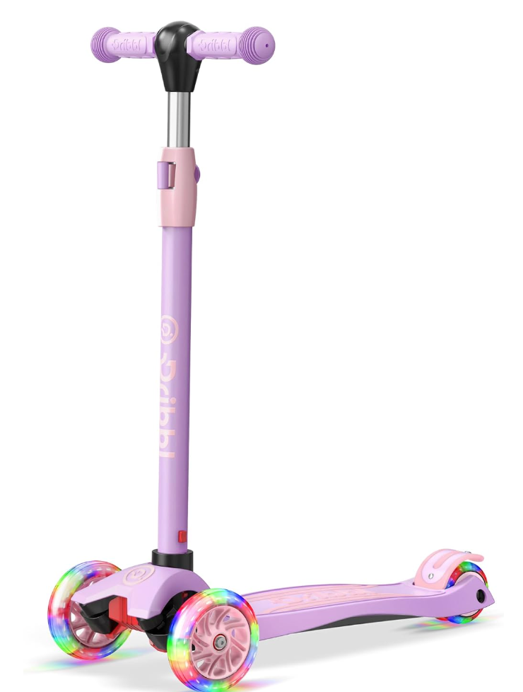 Dribbl 3-Wheel Kids Scooter - Lean-to-Steer Technology, Adjustable Height Handlebar, Wide Deck, Scooter for Boys & Girls Ages 3+, Child Safety Approved, Support Riders Up to 165 lbs, Purple and Pink
