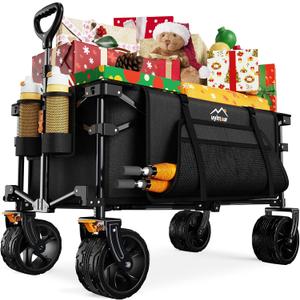 Collapsible Wagon Cart Heavy Duty Foldable, Folding Beach Wagon with Big Wheels for Sand, Utility Grocery Cart with Side Pocket and Brakes for Camping Sports Outdoor Activities, Black