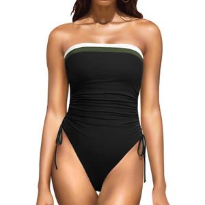 Yonique Women Strapless One Piece Swimsuit Tummy Control Bandeau Bathing Suit Cheeky Swimwear (Large, Black Color Block)