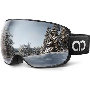 Lamicall Ski Goggles with 3X Anti-Fog - 100% UV Protection Spherical Lens, OTG for Skiing, Snowboard, Snowmobile, Men, Women (Black Frame - Silver Lens)