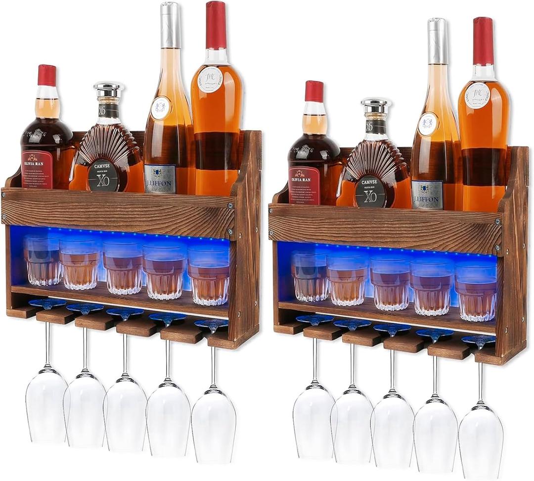 2 Pack Wooden Wine Rack Wall Mounted with LED Light, Wall Wine Rack, Bar Liquor Shelf, Wine Glass Holder Wall Mounted, Floating Bar Shelves for Kitchen, Dining Room, Home Bar