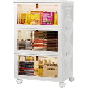 3 Tier Plastic Storage Bins with Lids 35QT, Stackable Storage Containers with Wheels, Folding Storage Boxes, Collapsible Storage Bins, Closet Organizers and Storage for Living Room,Office,Dorm (White)