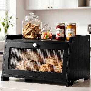 Bread Box for Kitchen Countertop, Large Bread Box, Wooden Farmhouse Bread Storage Container for Homemade Bread with Acrylic Window (BLACK), 15.75 x 10.43 x 8.46 inches