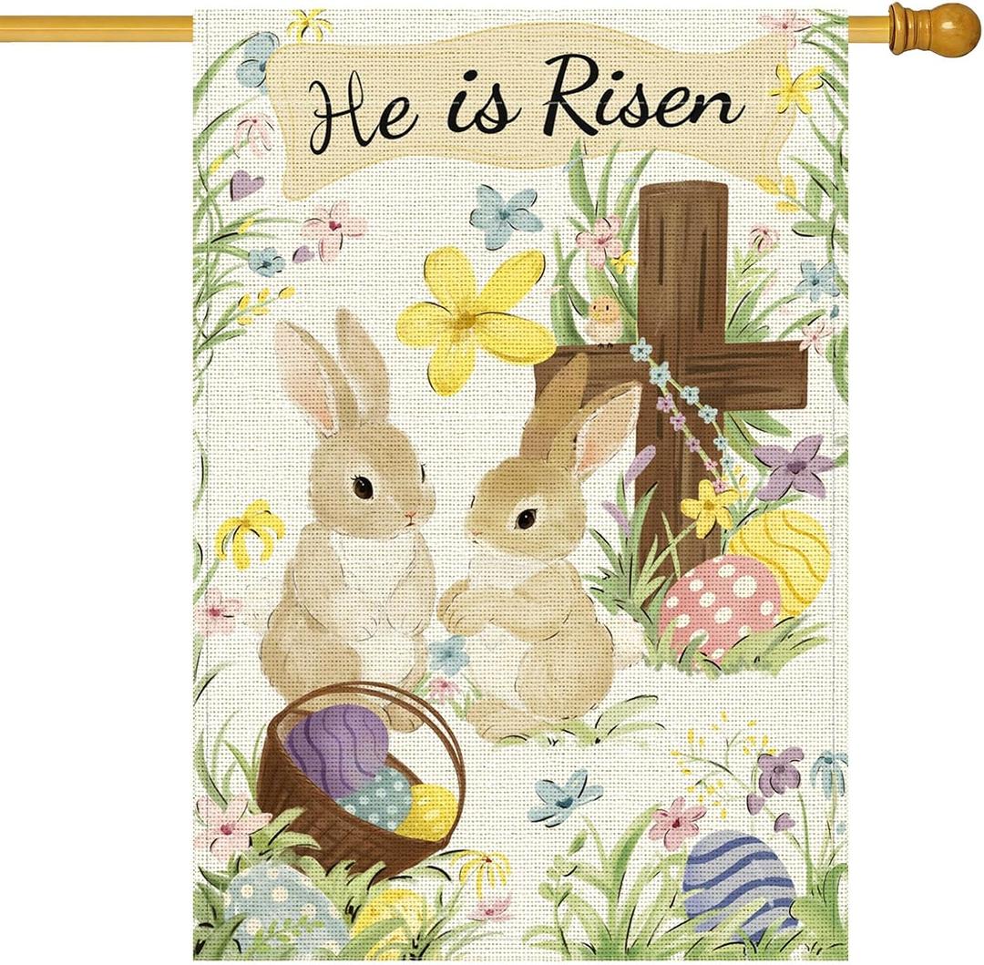 He Is Risen Easter Garden Flag for Outside, 28x40 Inch Double Sided Spring Flags with Bunnies Flowers Cross, Easter Gifts Yard Decoration Flag for Outdoor Garden, Patio, Porch