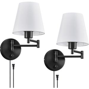 VONLUCE Wall Sconce Set of 2, Plug in & Hardwired Swing Arm Wall Lamps, Adjustable Wall Mounted Lighting Fixtures, Modern Wall Lights with Black Base White Fabric Shade for Bedside, Hallway, Study (Swing Arm of 2 Pack, Black)