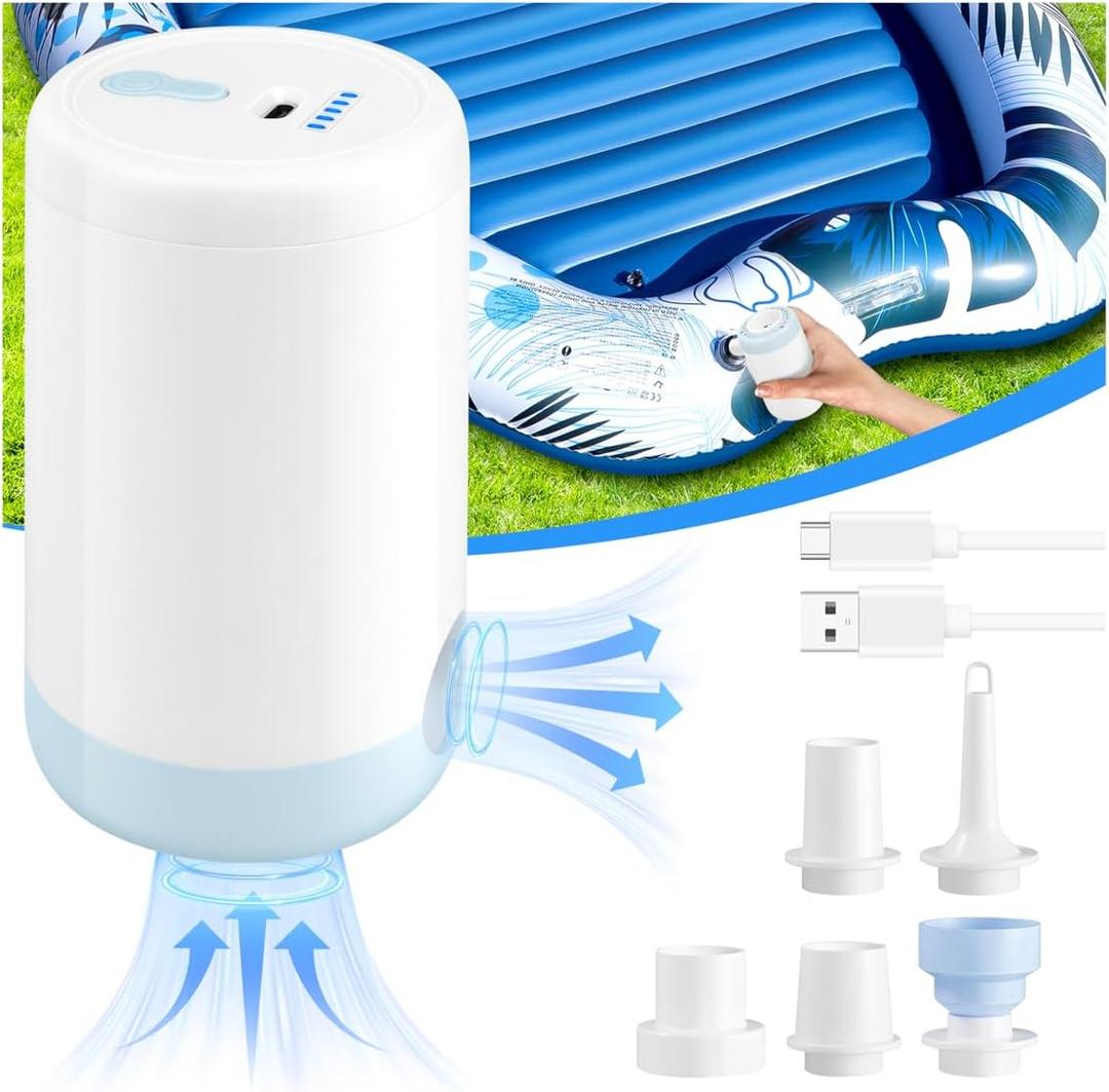 Portable Mini Air Pump for Inflatables, 2000mAh USB-C Rechargeable Electric Inflator Air Pump with 5 Nozzles, 4KPa Ultra-Fast Inflation/Deflation Tiny Air Pumps for Pool Floats, Air Mattress