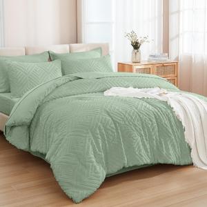 Andency King Size Comforter Set 7 Pieces Sage Green - Bed in a Bag King Boho Lightweight Fluffy Tufted Bedding Sets with Quilt Comforter, Sheets, Pillowcases & Shams