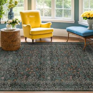 Washable Vintage 5x8 Living Room Rug, Dark Green Floral Area Rug for Bedroom Under Bed, Dining Room Under Small Dining Table, Office - Oriental Low Pile Non Slip & Stain Resistance (5x8 Dark Green)