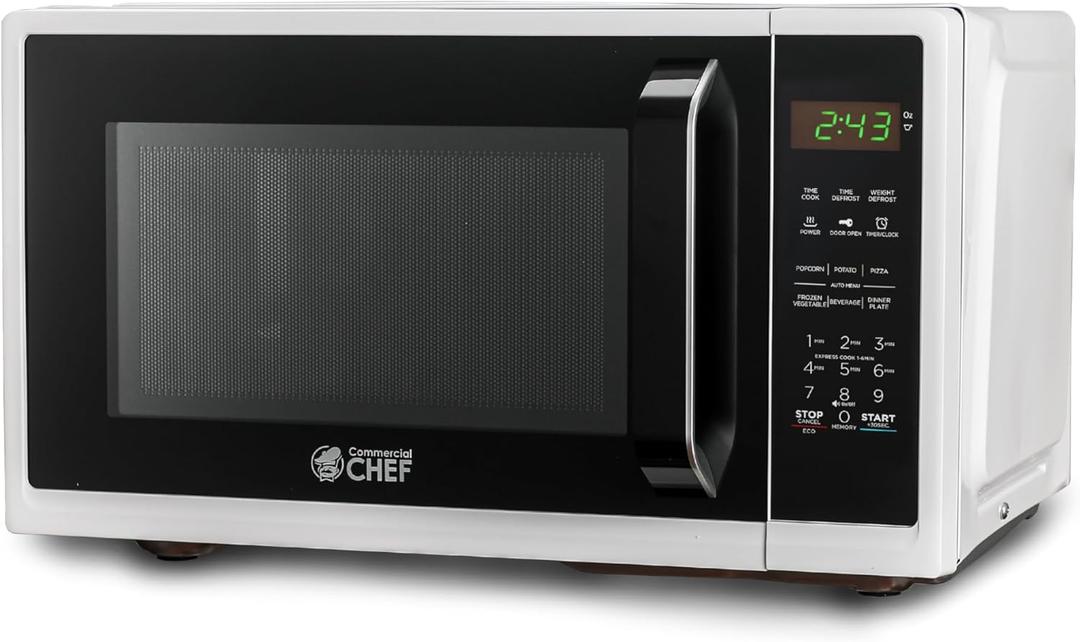 COMMERCIAL CHEF 0.9 Cubic Foot Microwave with 10 Power Levels, Small Microwave with Grip Handle, 900W Countertop Microwave with Digital Display, Door Lock and Kitchen Timer, White (0.9 Cubic Feet)