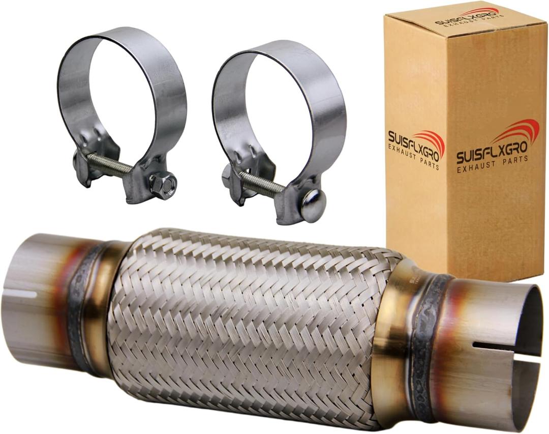 Exhaust Flex Pipe Universal Type 100% Stainless Steel For Heavy Duty and Cars (1 PC, 2.5X8X12 Clamps)