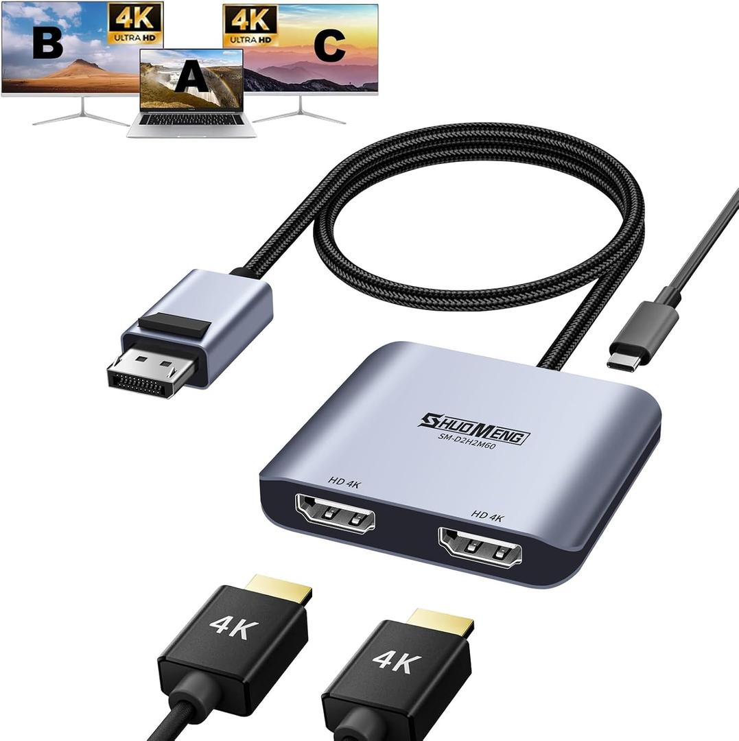 DisplayPort to Dual HDMI Adapter, 4K@60Hz DP source to HDMI Splitter for 2 Monitors, MST Display converter, 1 in 2 out Hub for PC, Laptop splitter for extended display, for NVIDIA, AMD Graphics Card