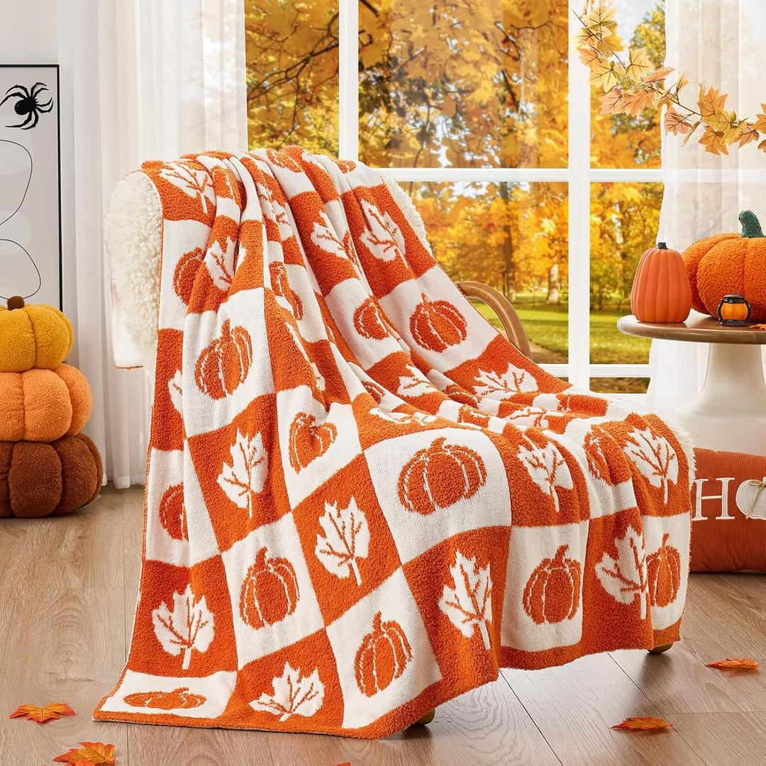 Snuggle Sac Fall Checkered Blanket Orange Pumpkin Maple Leaf Throw Blanket for Couch,Halloween Soft Cozy Luxury Decoration Blanket for Sofa Bed Living Room,5060 inches