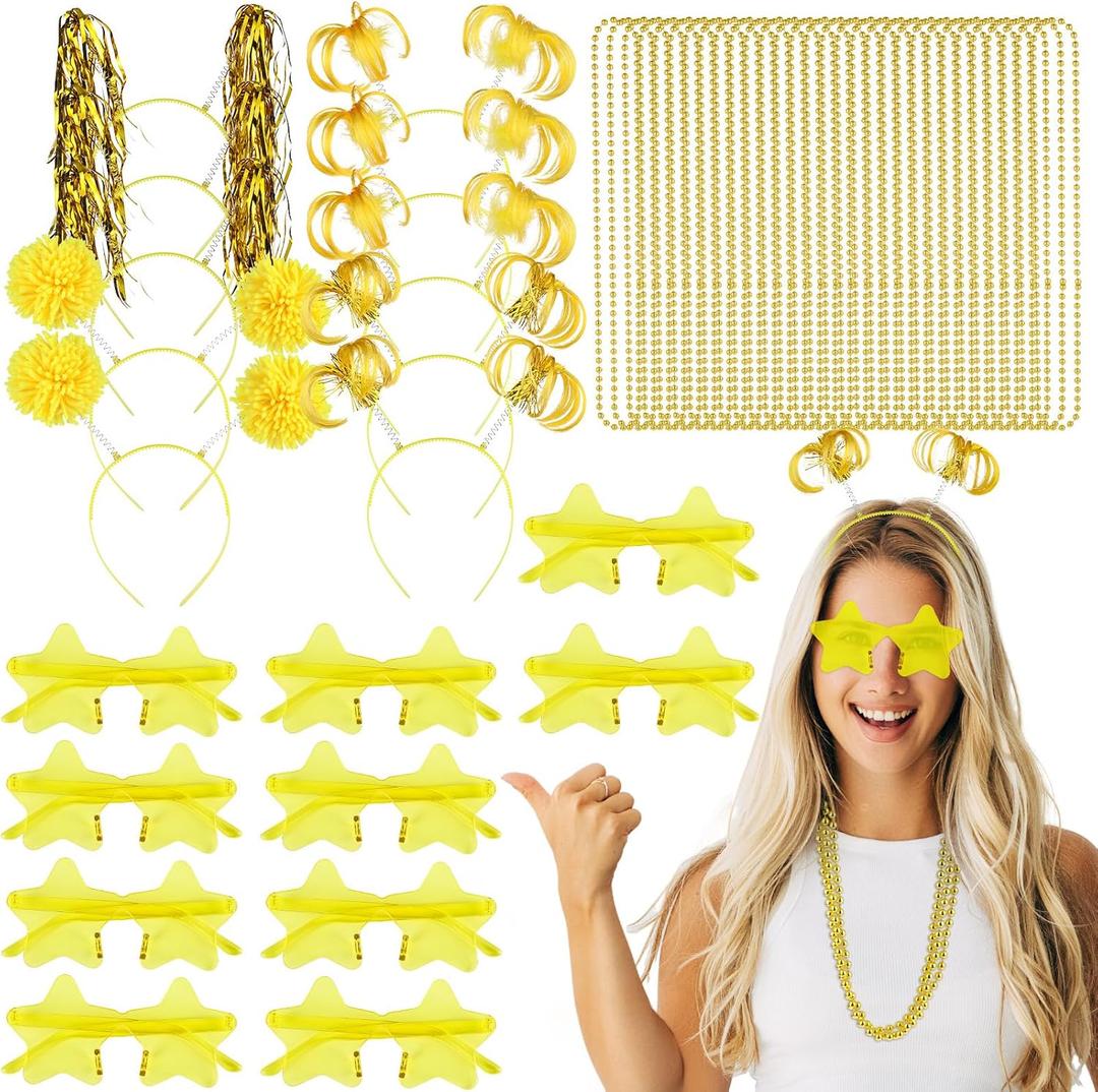 50 Pcs Gold Holiday Team Spirit Party Accessories Graduation Pom Pom Party Headbands Star Shape Sunglasses Bead Necklaces Stuff Favors for Birthday Wedding Supplies(Classic)
