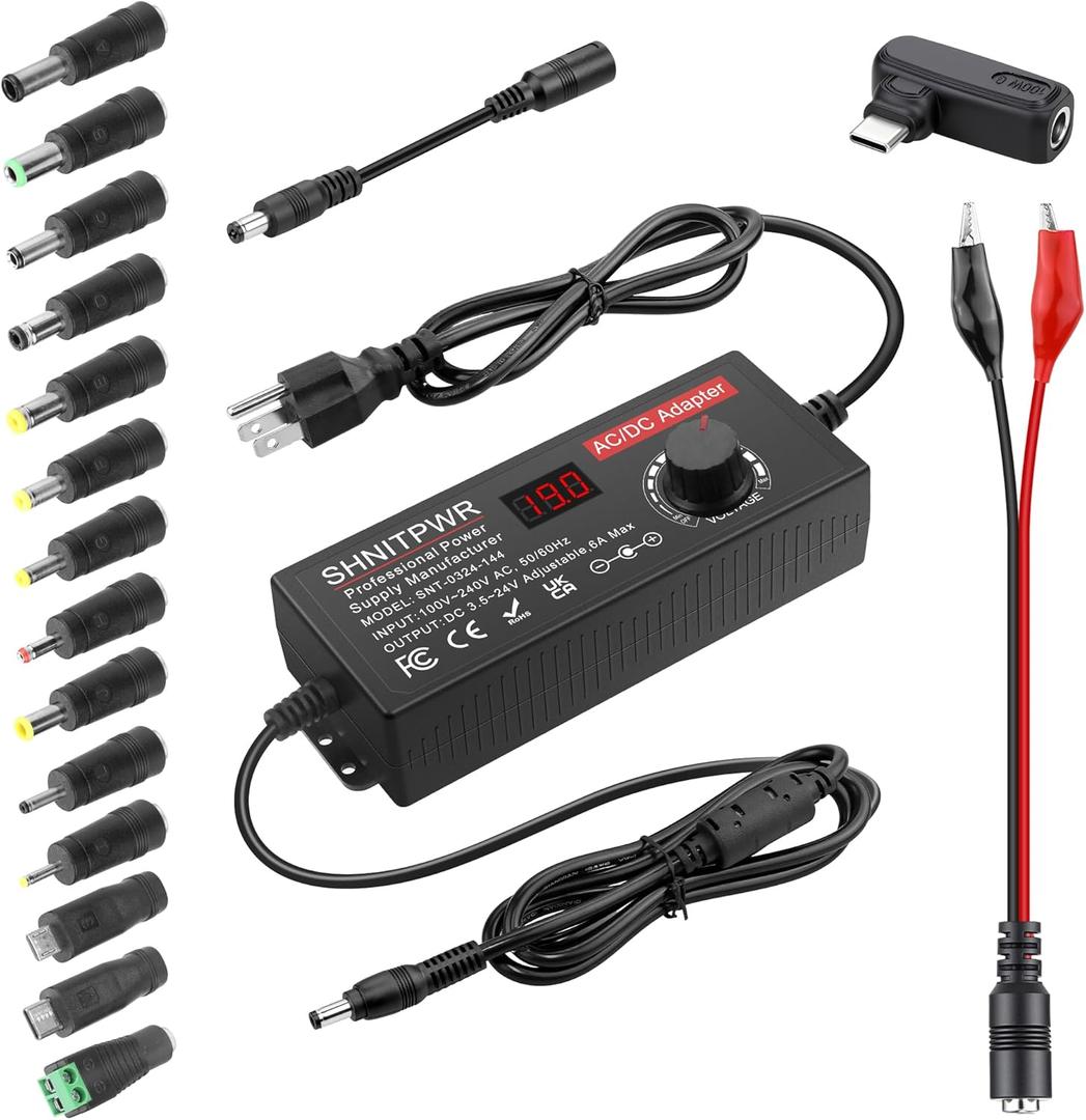 SHNITPWR Adjustable Universal Power Supply DC 4V~24V 3A 5A 6A 144W AC/DC Adapter with USB C Charger PD 100W 100V-240V AC to DC Converter Variable Power Adapter 24V,14 Tips,Alligator Clip Power Cable