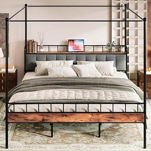 LIKIMIO King Canopy Bed Frame, Storage Headboard with Charging Station
Platform Bed with 4 Removable Sturdy Posts, Noise Free, No Box Spring Needed, Vintage Brown