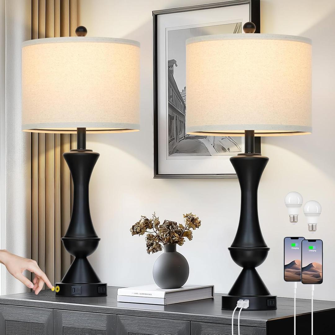 29" Black Tall Table Lamps for Living Room, Touch Control Bedroom Lamp with USB A+C Ports, 3-Way Dimmable Bedside Table Lamps Set of 2, Modern Metal Lamp for Nightstand