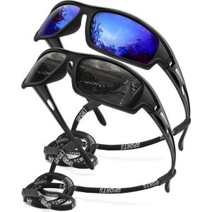 Polarized Sports Sunglasses for Men 100% UV Protection Wrap Around Unbreakable Sun Glasses for Fishing Driving (2pack Black+dark Blue)