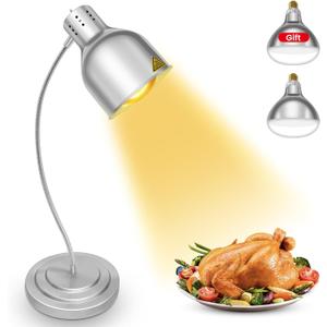 Food Heat Lamp, Commercial Food Warmer Lamp Includes 250W Infrared Bulb, 110V Stainless Steel Heat Lamps for Food Warming in Restaurant, Buffet, Catering, Home (Silver, 2 Bulbs)