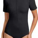 Beautikini Period Swimwear One Piece for Teens Short Sleeve Swimsuits Women UPF50+ Menstrual Leakproof Bathing Suit (Large, Black)