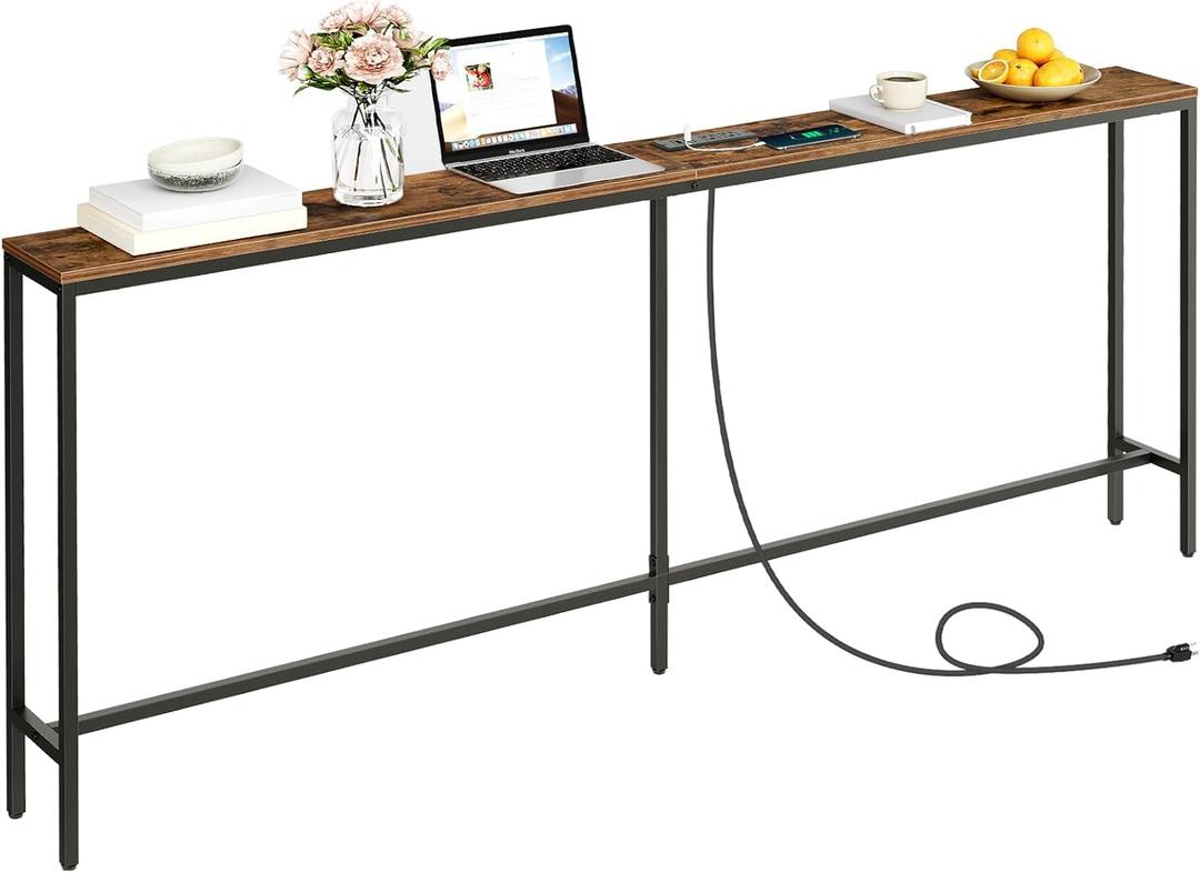 78.7" Console Table with Power Outlet, Narrow Sofa Table Behind Couch, Skinny Entryway Table with with Charging Station, for Hallway, Foyer, Living Room, Rustic Brown CTHR20E01