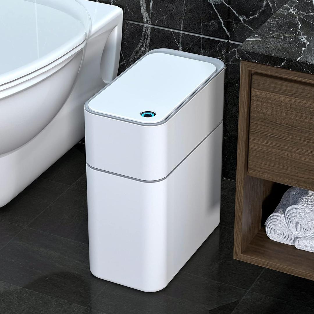 MOPALL Small Bathroom Cans with Lids,Motion Sensor Bathroom Can,Narrow Waterproof Plastic 3.5 Gallon Automatic Adsorption Touchless Garbage Can,White