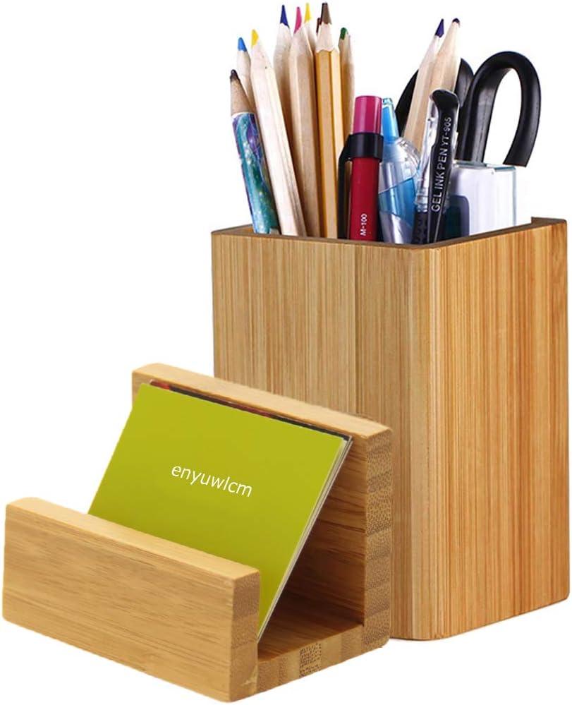 Enyuwlcm Bamboo Wooden Pen Holder Cup and Desk Business Card Holder Stand for Office Home School 2 Packs