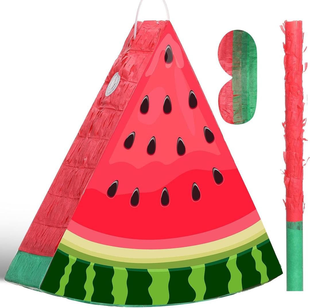 Aoriher Small Watermelon Piata with Blindfold Bat Fruit Piata Summer Decorations for Birthday Party Summer Theme Party Game Supplies, 12.6 x 13 x 3