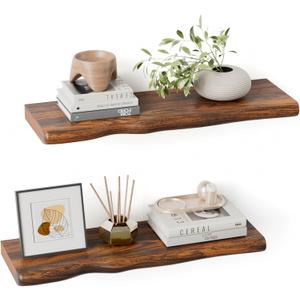 Solid Wood Live Edge Floating Shelves Set of 2 24" Rustic Wall Shelf with Hidden Bracket System, Wall Mounted Shelves for Bathroom, Kitchen, Living Room, Bedroom (Glazed Walnut)