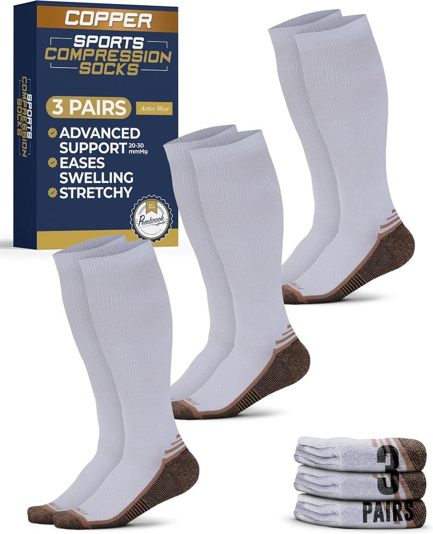 Pembrook 3 Pairs Copper Mens Compression Socks 20-30 mmHg, Running, Hiking, Athletic Cycling, Travel | Circulation Support L