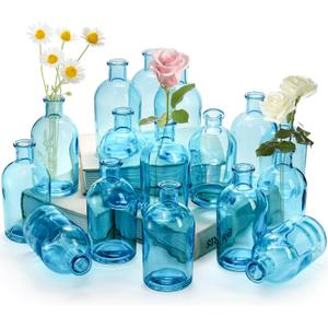 YOUEON 16 Pcs Blue Glass Bud Vases, 8 Oz Living Bud Vases, Small Vases for Flowers, Decorative Glass Bottles, Vintage Flower Vases for Table Centerpiece, Wedding Reception, Home Decor, Office
