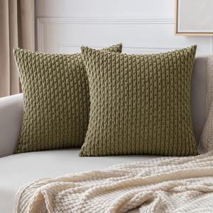 MIULEE Pack of 2 Decorative Throw Pillow Covers 18x18 Inch Soft Boho Striped Textured Corduroy Pillow Covers Modern Farmhouse Home Decor for Couch Bed Sofa Living Room Olive Green