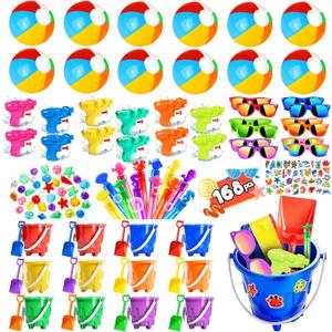 Pool Party Favors and Beach Party Favors 168pcs Summer Pool Toys for Party,Kids Ages 4-8 8-12, Including 12 Castle Mold Buckets, 12 Shovels,Beach Balls, Sunglasses, Bubble Wands