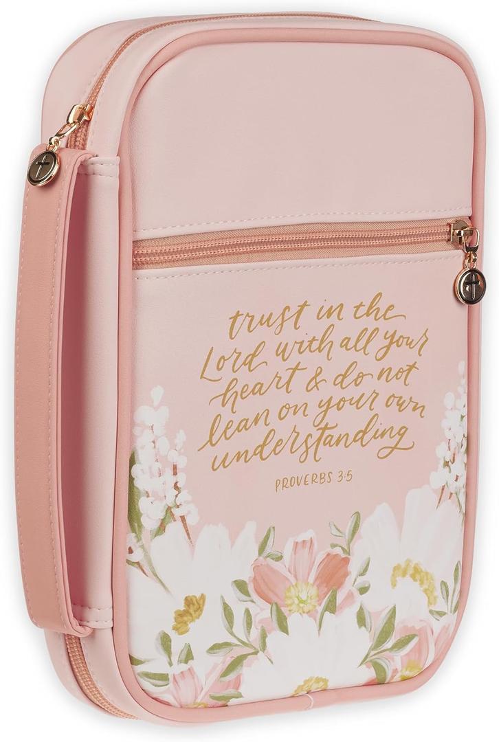 Christian Art Gifts Premium Vegan Leather Inspirational Bible Cover for Women: Trust in the Lord Encouraging Bible Verse, Easy Carry Zippered Case, Pen Loops, Pockets, Pink Multicolor Floral, Medium