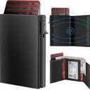 Mens Wallet Card Holder - Smart Wallet for Men, Pop Up Card Case, Top Grain Leather, RFID Blocking, Slim, Minimalist, Ultra Thin, Front Pocket, 9-14 Card Capacity | ID Window | Cash Slot (Black)