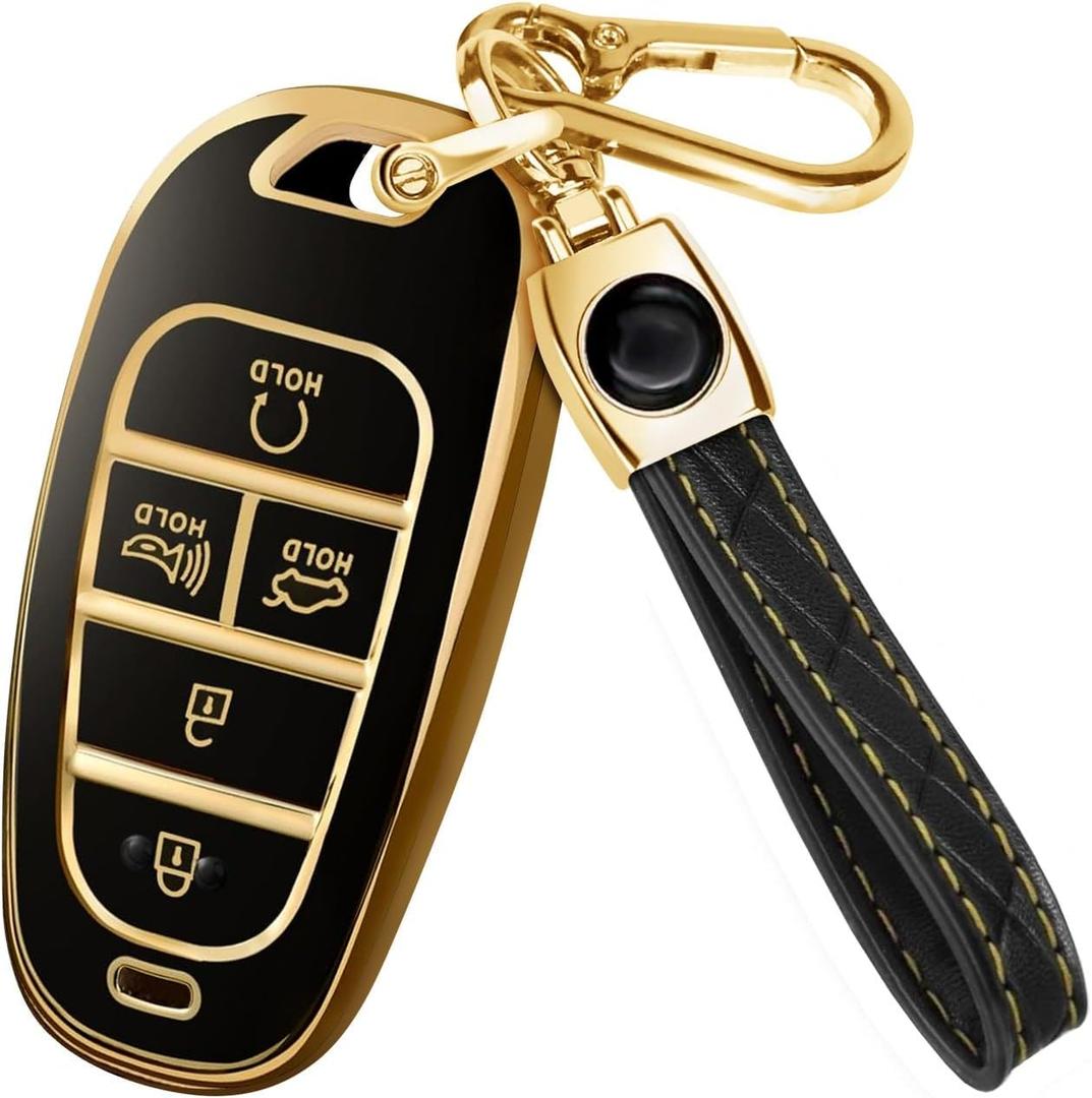 Lucrum Compatible with Hyundai Key Fob Cover & Leather Keychain, Keyfob Case for Santa Fe, Sonata, Tucson, Grandeur, Ioniq 5, Palisade, Nexo - For 5 Button Remote (2019-2025) - Black and Gold