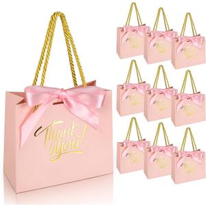 EQOREIIN 30 Pack Small Thank You Gift Bags with Handles 5.5 x 2.4 x 4.7 Inches Mini Pink Gift Bags with Bow Ribbon Tiny Party Favor Bag Bulk for Easter Mother's Day Baby Shower Wedding (Pink)